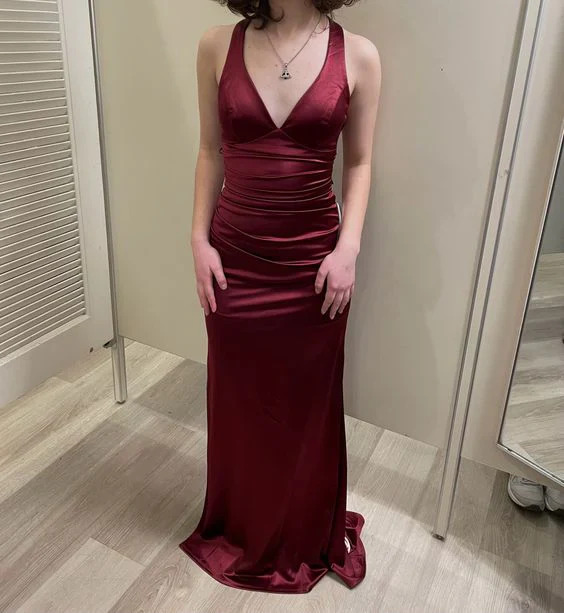 Satin Plunging V- Neckline Long Evening Dress Burgundy Prom Dresses SD1485