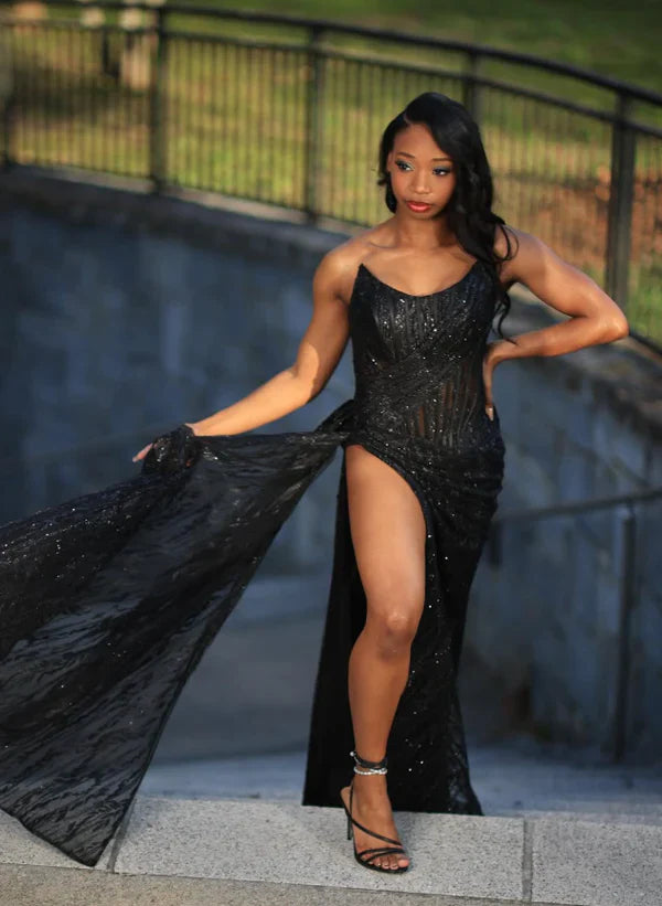 Sexy Black Mermaid Strapless Sequined High Split Long Floor Length Prom Dresses TP1687