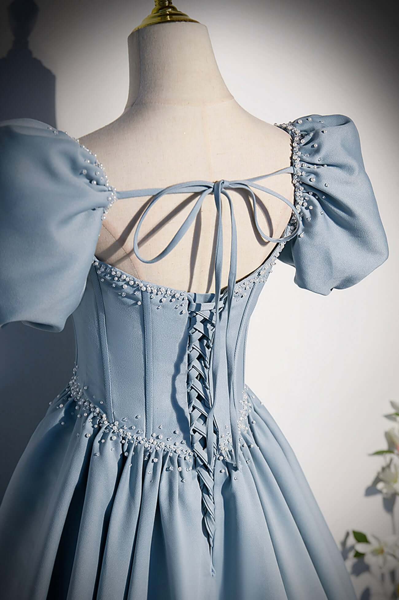 Vestido de fiesta largo de satén azul claro, vestidos de noche de manga corta con corte A