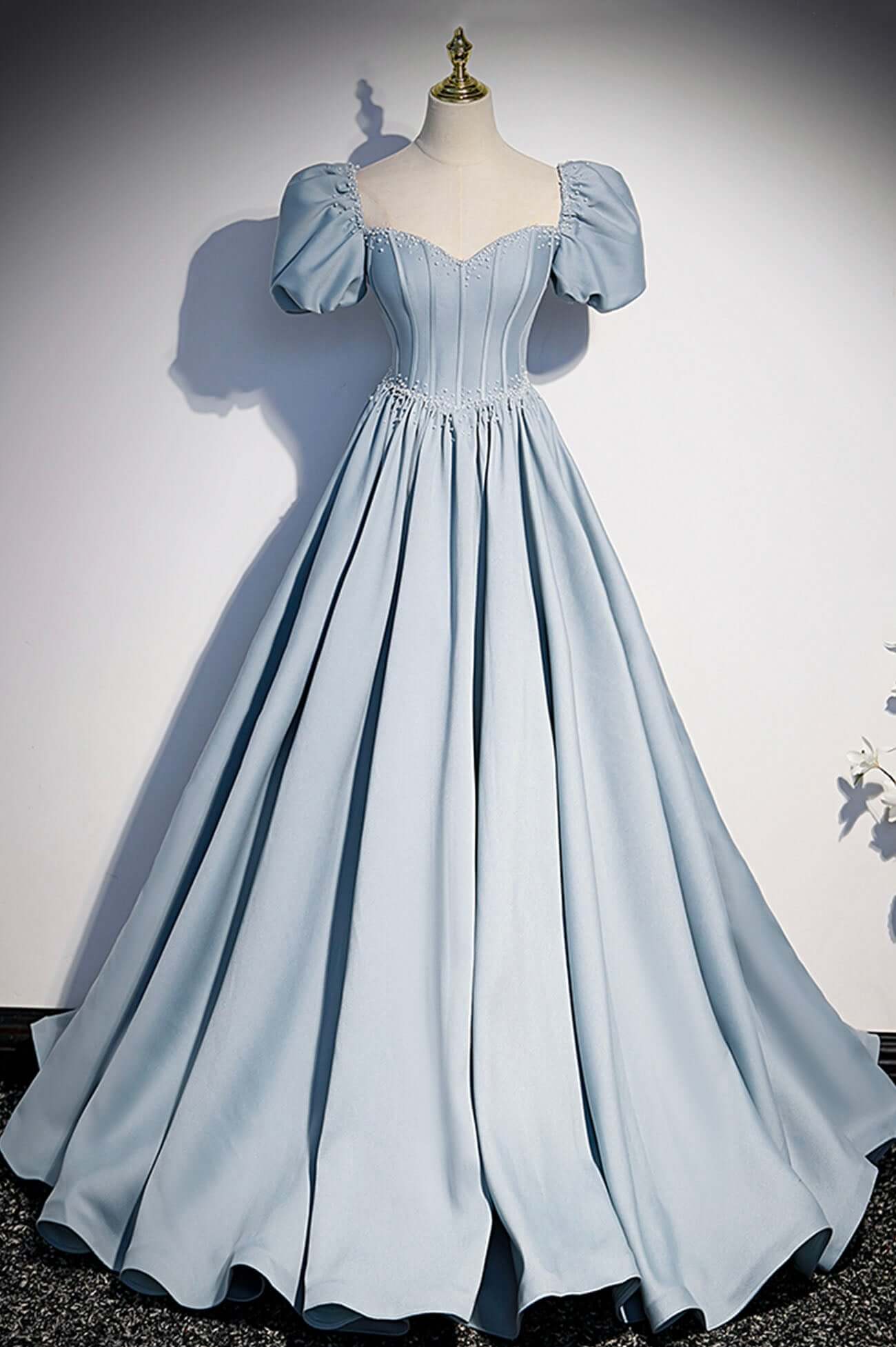 Vestido de fiesta largo de satén azul claro, vestidos de noche de manga corta con corte A