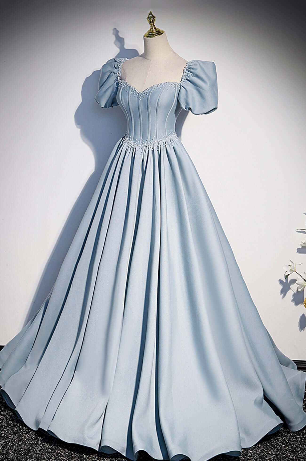 Vestido de fiesta largo de satén azul claro, vestidos de noche de manga corta con corte A