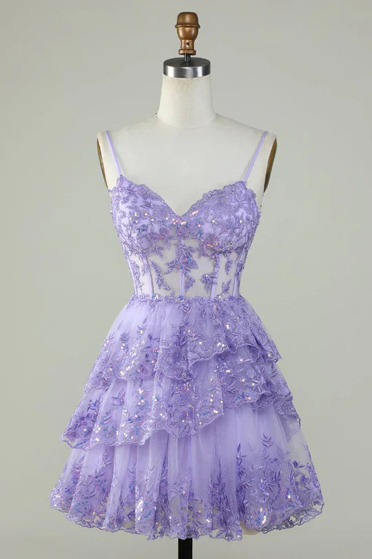 Charming Lilac Lace Sequined Appliqued Design A-line Mini Spaghetti Strap Homecoming Dress TP3605