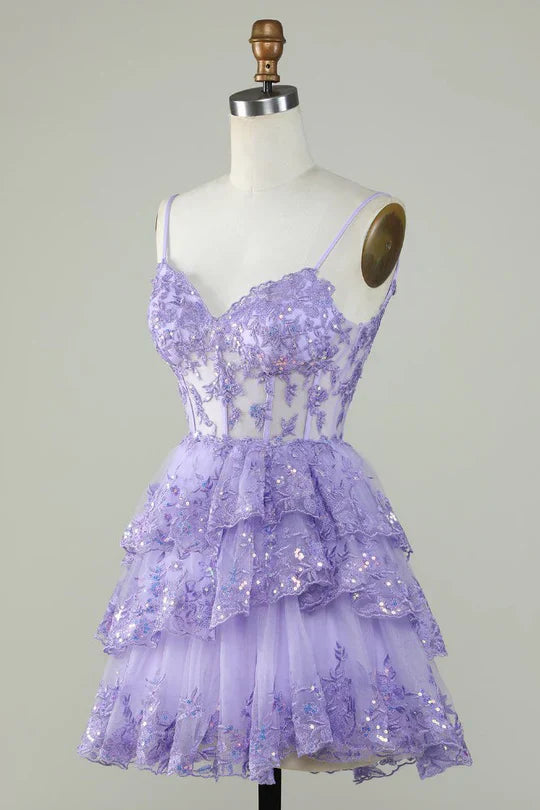 Charming Lilac Lace Sequined Appliqued Design A-line Mini Spaghetti Strap Homecoming Dress TP3605