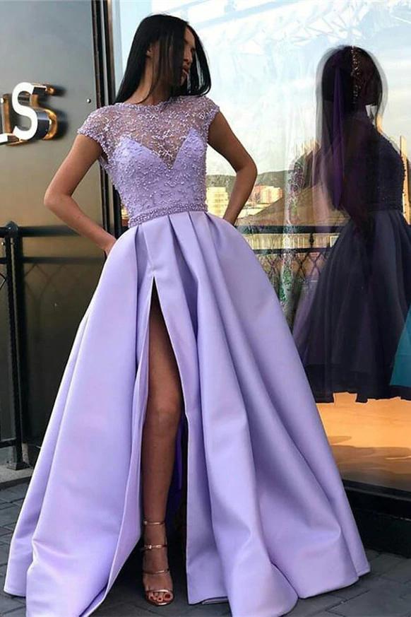 Lilac Long Beading Prom Dresses with Cap Sleeves Slit Evening Dress GP30