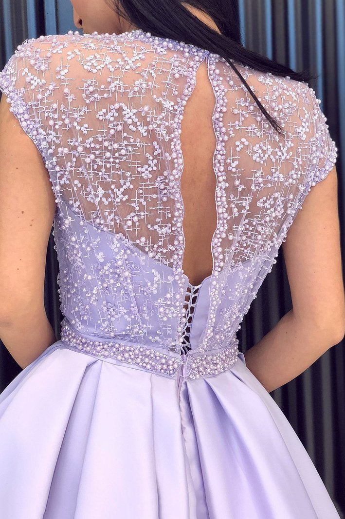 Lilac Long Beading Prom Dresses with Cap Sleeves Slit Evening Dress GP30