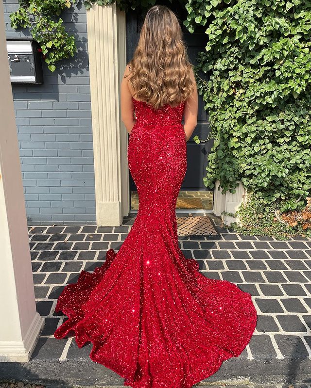 Vestidos de fiesta largos de sirena con lentejuelas azul real y espalda abierta