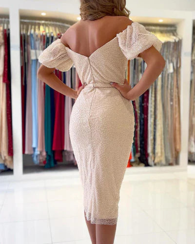 SEQUINS SHORT PROM DRESS SPLIT BALL DRESSES OFF-THE-SHOULDER TP61