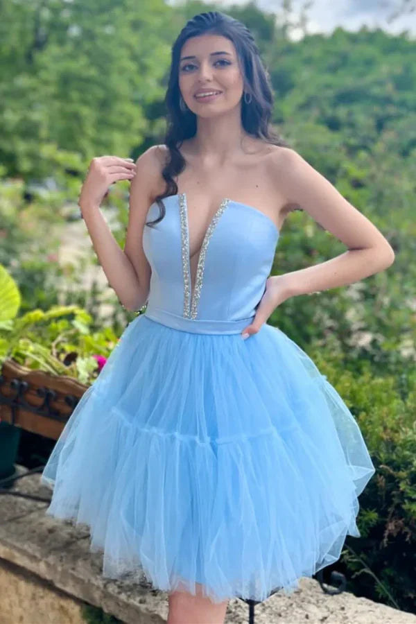 Fashion Light Blue Lace-Up Design A-line Tulle Short Homecoming Dress TP3568