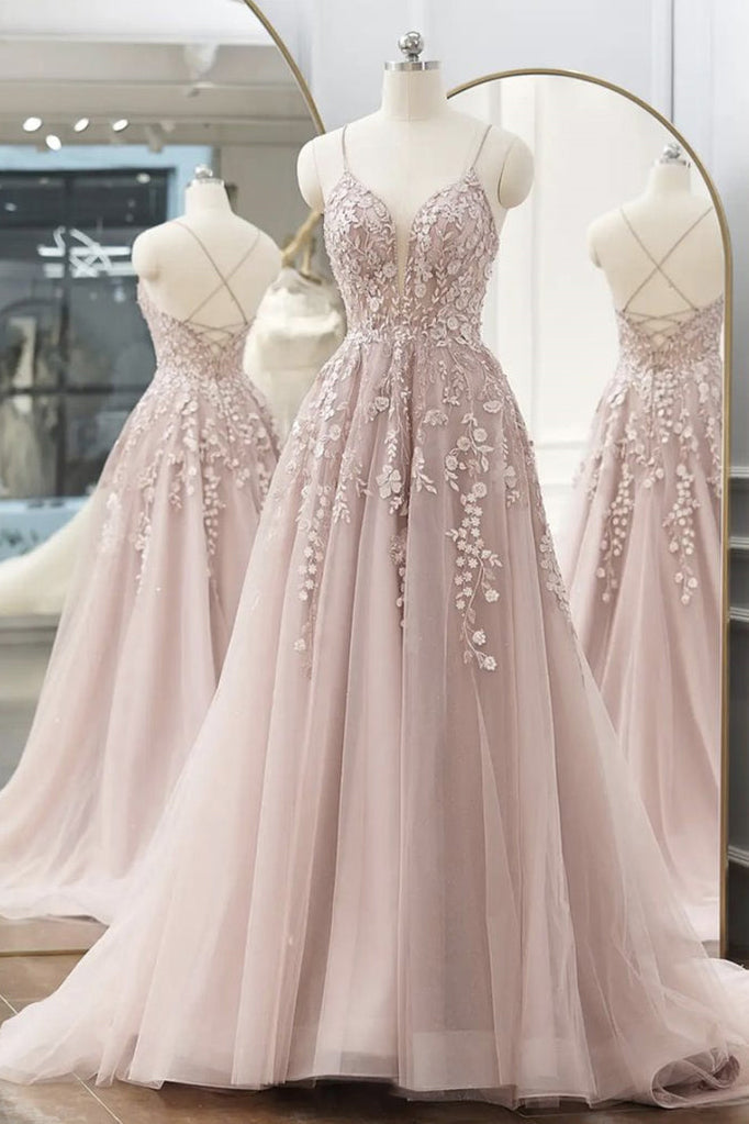 Spaghetti Straps Pink Tulle A Line Long Prom Dress with Lace Applique GP713