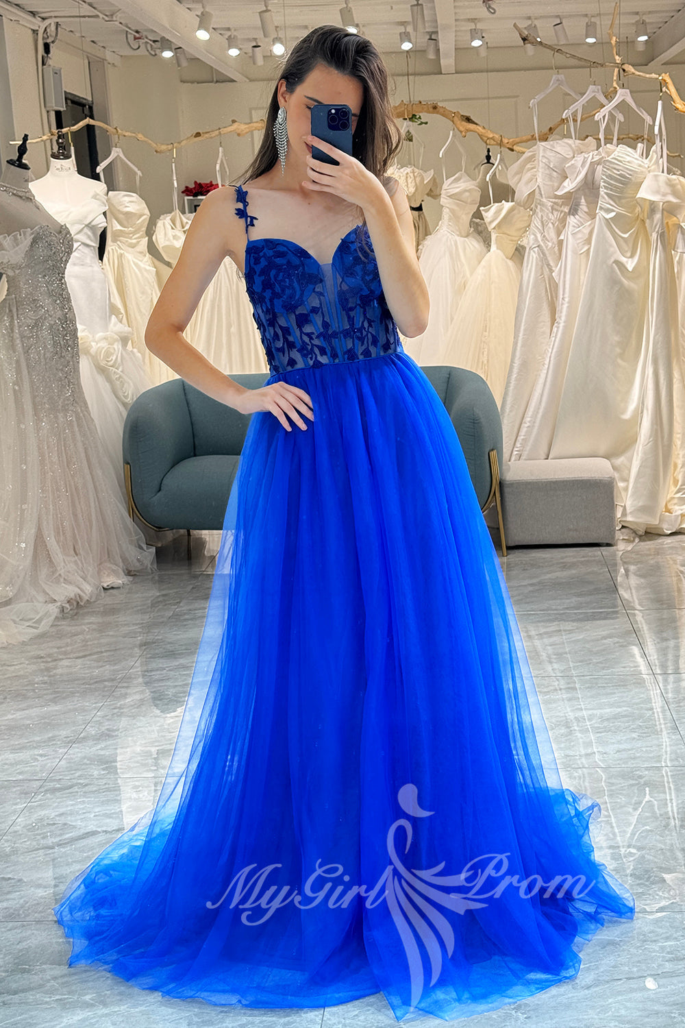 Sweetheart Royal Blue A Line Long Prom Dress Appliques Evening Dress GP752