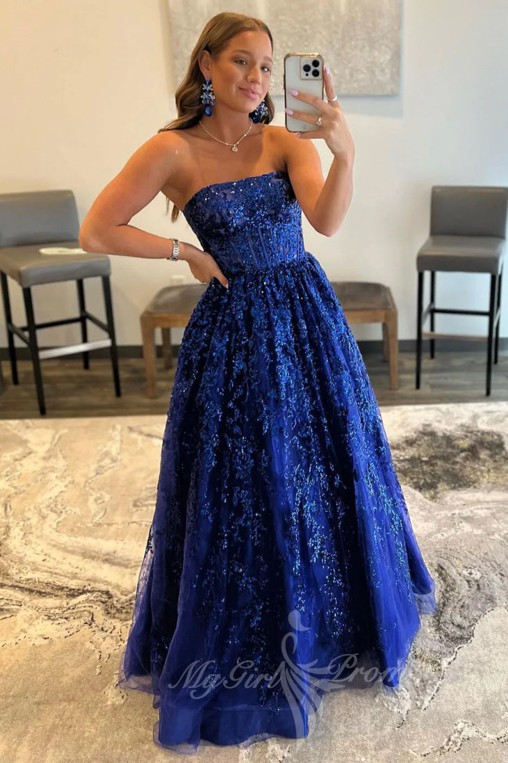 Strapless Navy Blue A Line Tulle Sequin Long Prom Dress with Pockets GP747
