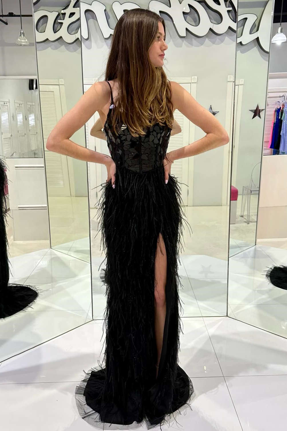 Spaghetti Straps Black Sequin Long Prom Dress Slit With Feathers GP561
