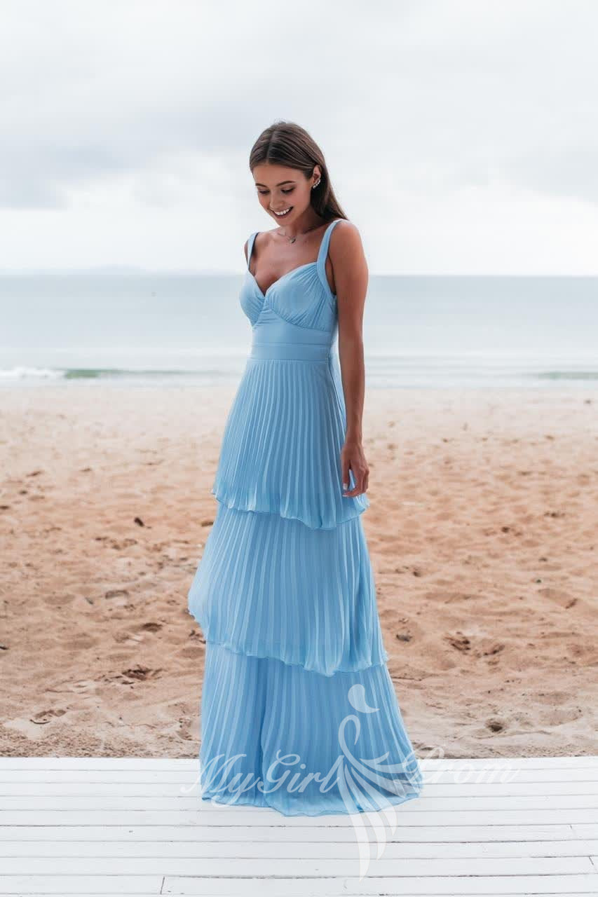 Straps Blue Prom Dress A Line Chiffon Pleated Layered Formal Dress GP787