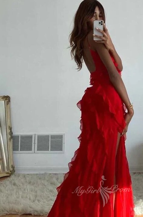 Mermaid Red Chiffon Ruffles Long Prom Dress, Evening Dresses with Cascading Frills GP481