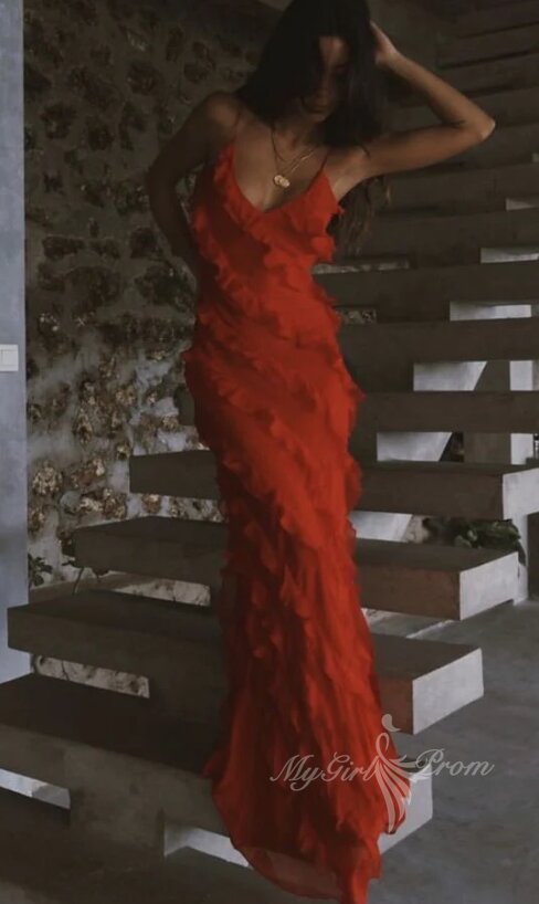 Mermaid Red Chiffon Ruffles Long Prom Dress, Evening Dresses with Cascading Frills GP481