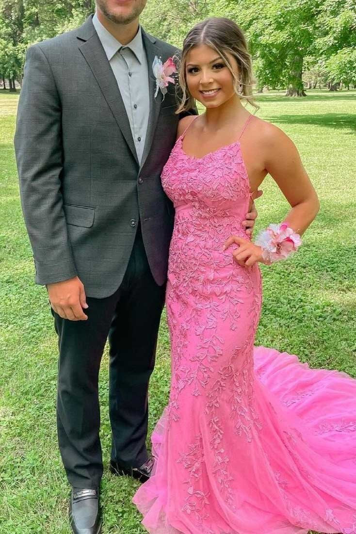 Mermaid Tulle Pink Long Floral Prom Dresses with Backless, GP162