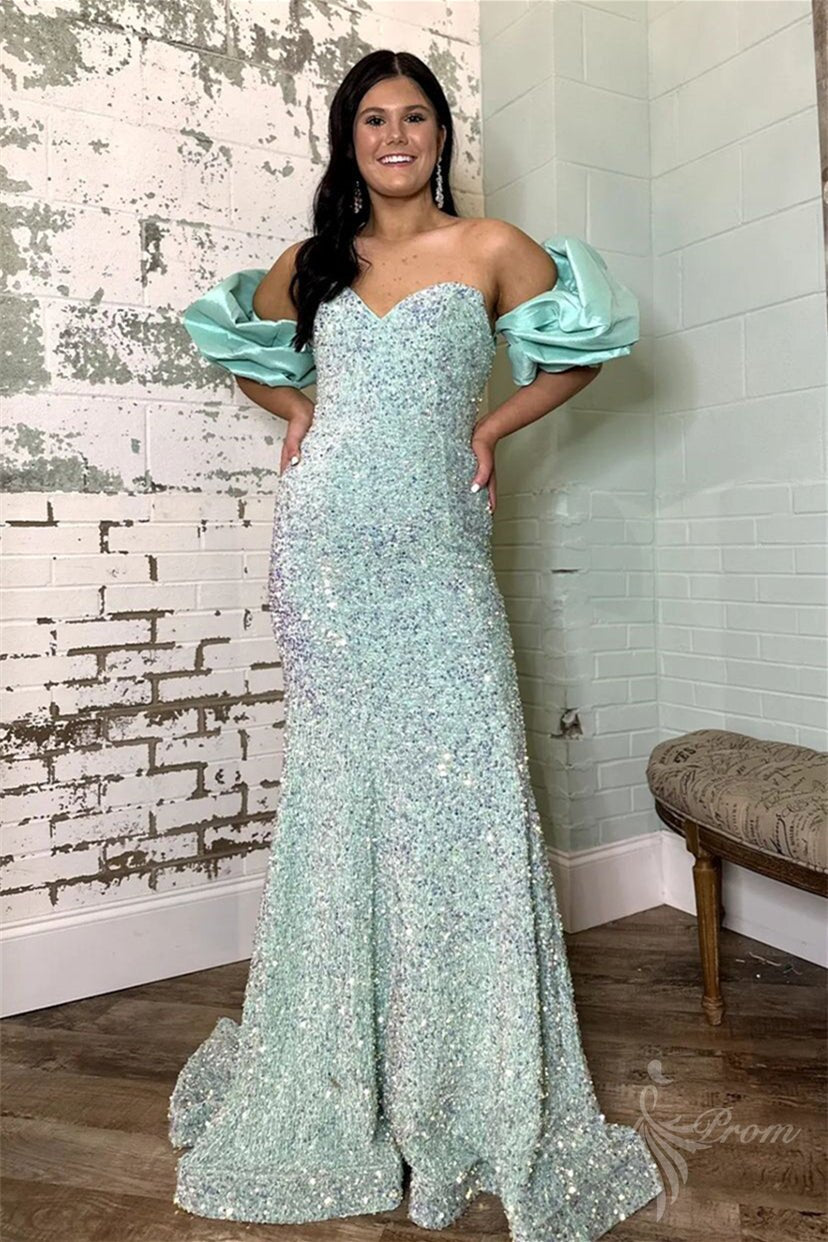 Pink Off-the-Shoulder Puff Sleeves Sequins Long Prom Dress, Mermaid Evening Gown GP463