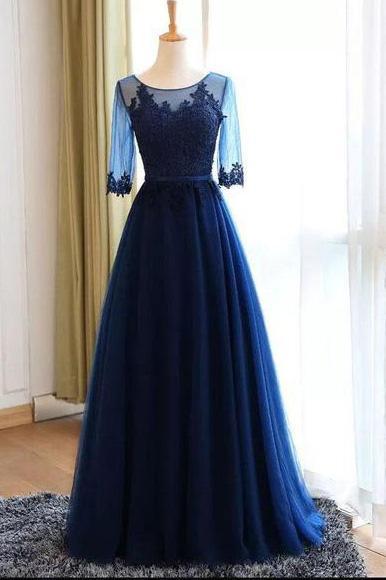 Vestidos de fiesta largos azul oscuro con escote redondo y mangas en forma de A