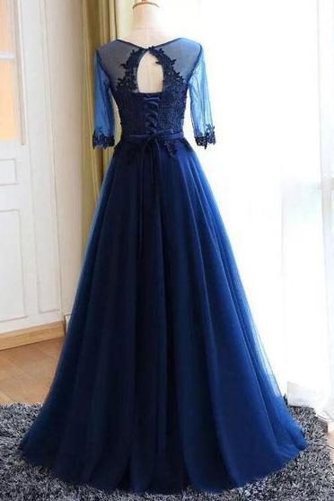Vestidos de fiesta largos azul oscuro con escote redondo y mangas en forma de A