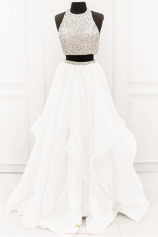 Modest Organza Prom Dress With Ruffles, Two Piece Beading Formal Dress MP748