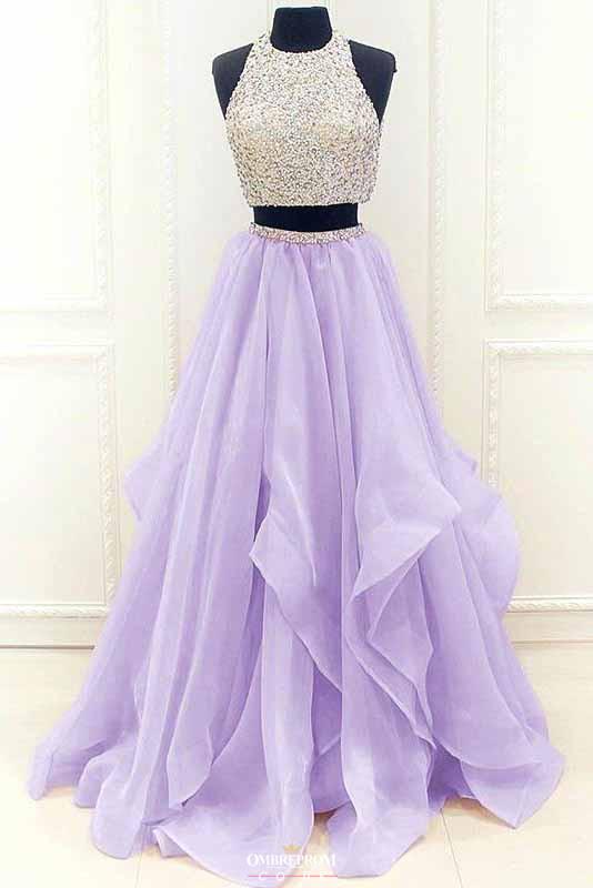 Modest Organza Prom Dress With Ruffles, Two Piece Beading Formal Dress MP748