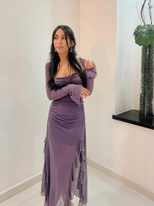 Grape Purple A Line Long Sleeve Ruffle Tulle Homecoming Dress Date Dress Outfits SH3631