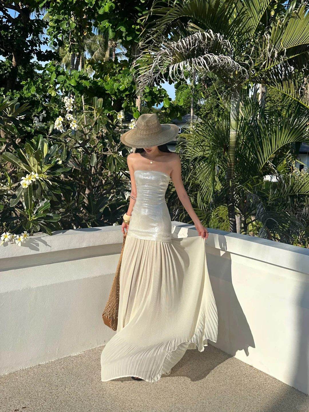 Romantic A Line Strapless White Sequin Chiffon Long Party Dress Evening Dress SH2914