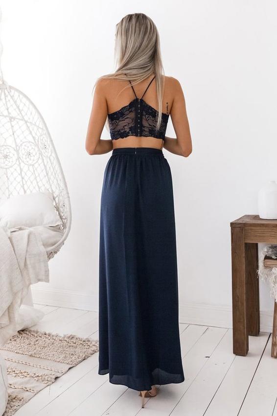 Two Piece Navy Blue Simple Prom Dress Spaghetti Straps with Slit GP38