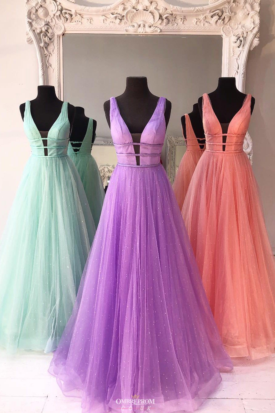 New Deep V-Neck Solid Tulle A-line Long Prom Dress With Beading MP746
