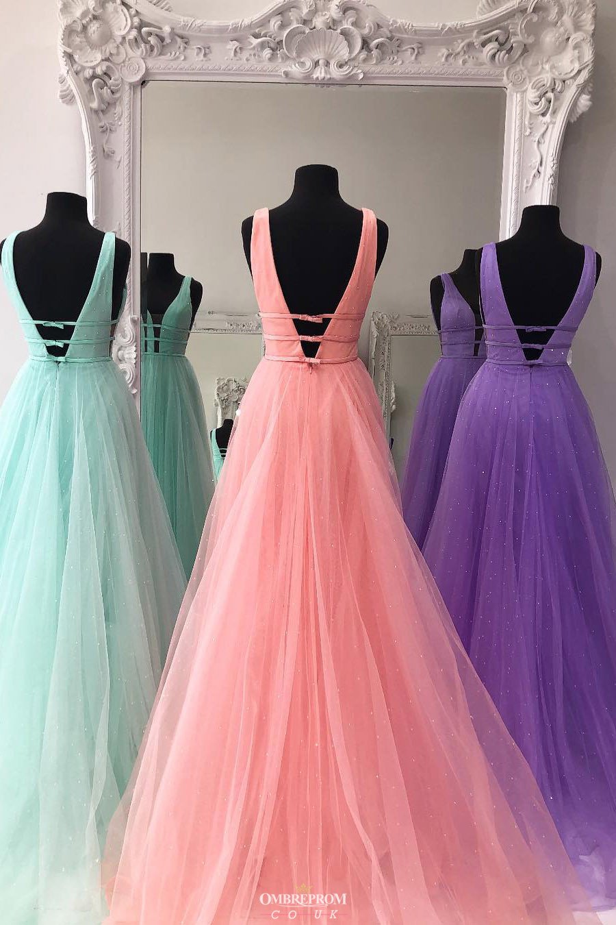 New Deep V-Neck Solid Tulle A-line Long Prom Dress With Beading MP746