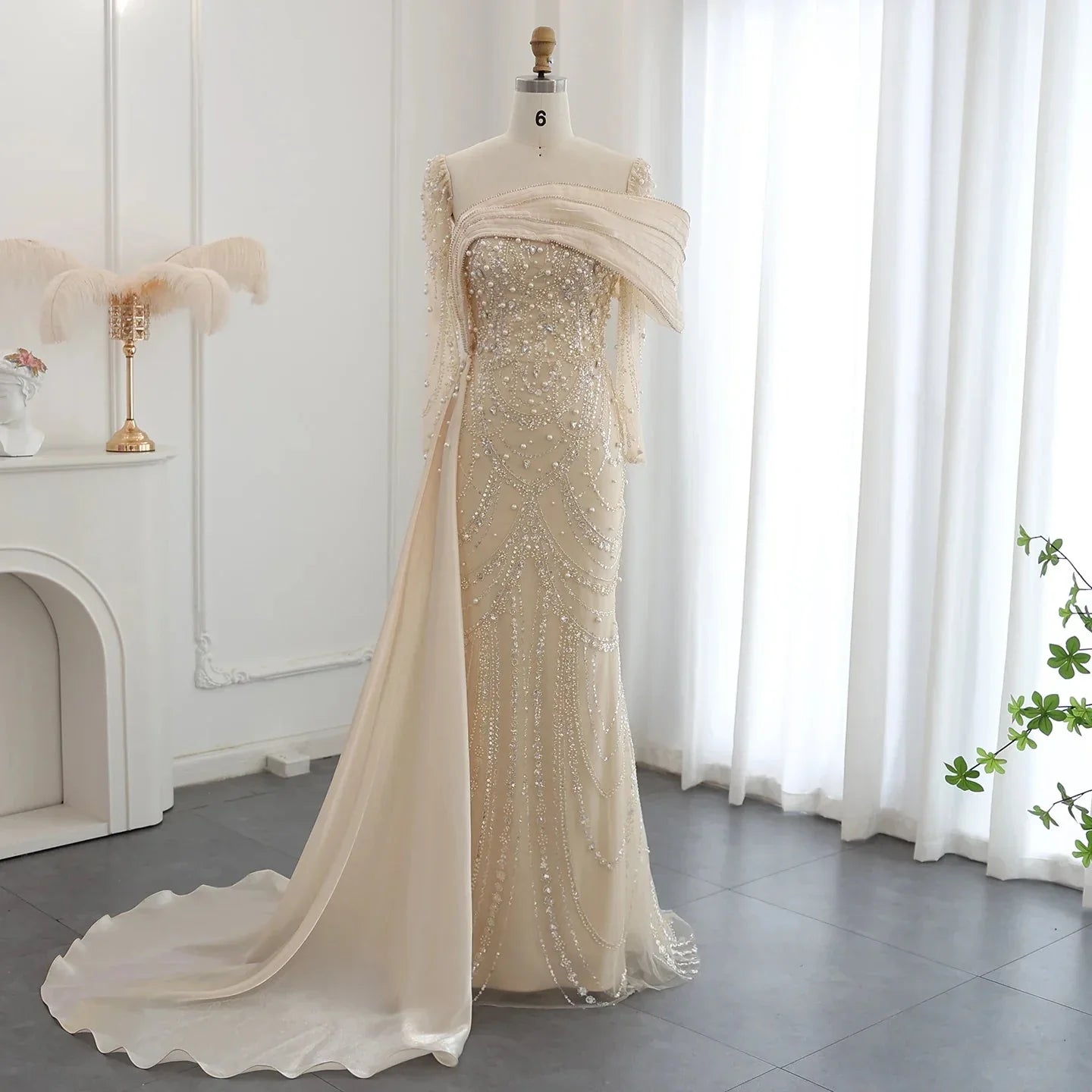 Vintage Shiny Beaded Long-sleeve Mermaid Long Prom Dress Evening Dress TP4565