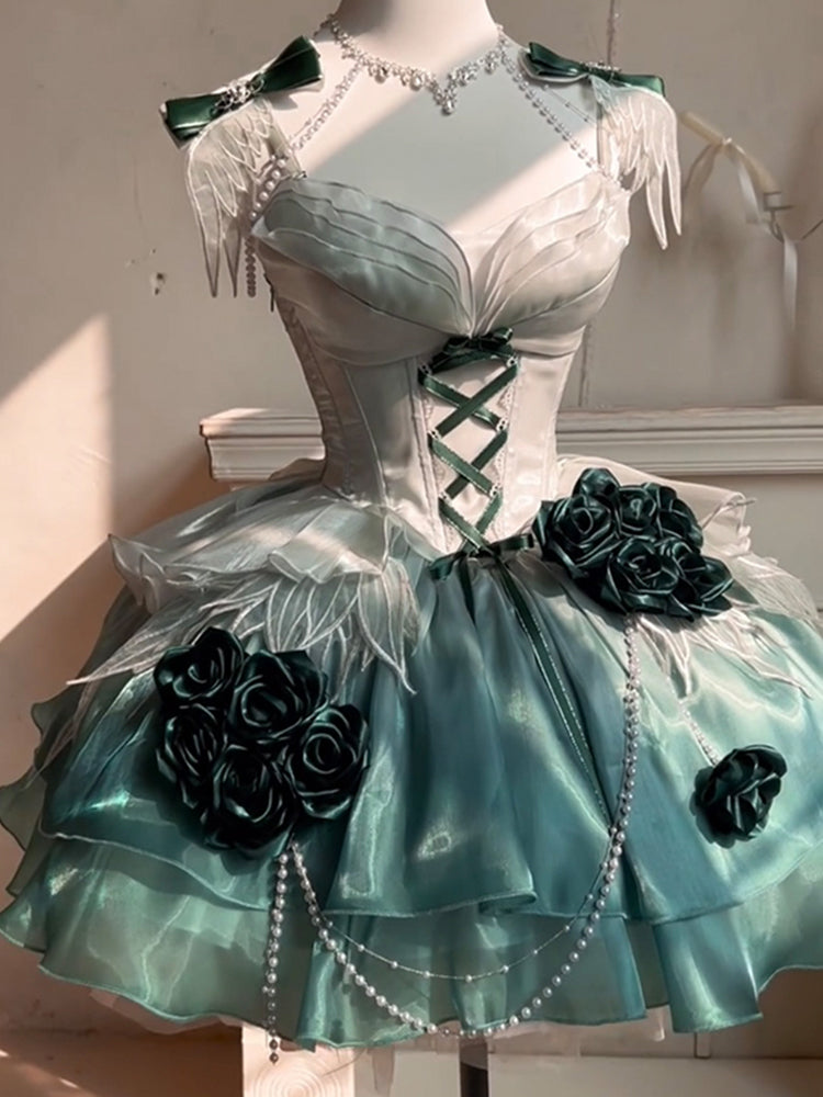 Vestido de fiesta vintage de gasa verde con tirantes finos para 18 cumpleaños, vestido corto lolita verde, atuendos para 18 cumpleaños DH2433