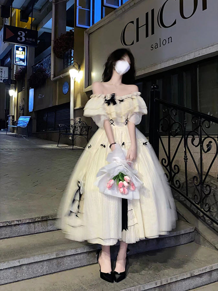 Vestido de fiesta vintage con hombros descubiertos, mangas cortas, tul, para 16 cumpleaños, estilo lolita, W1008