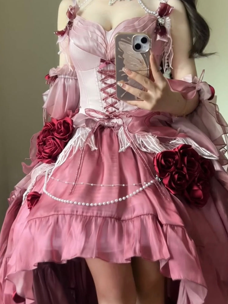 Vestido vintage de fiesta con tirantes finos de gasa para verano, vestido de lolita rosa con degradado, para 18 cumpleaños, DH2415