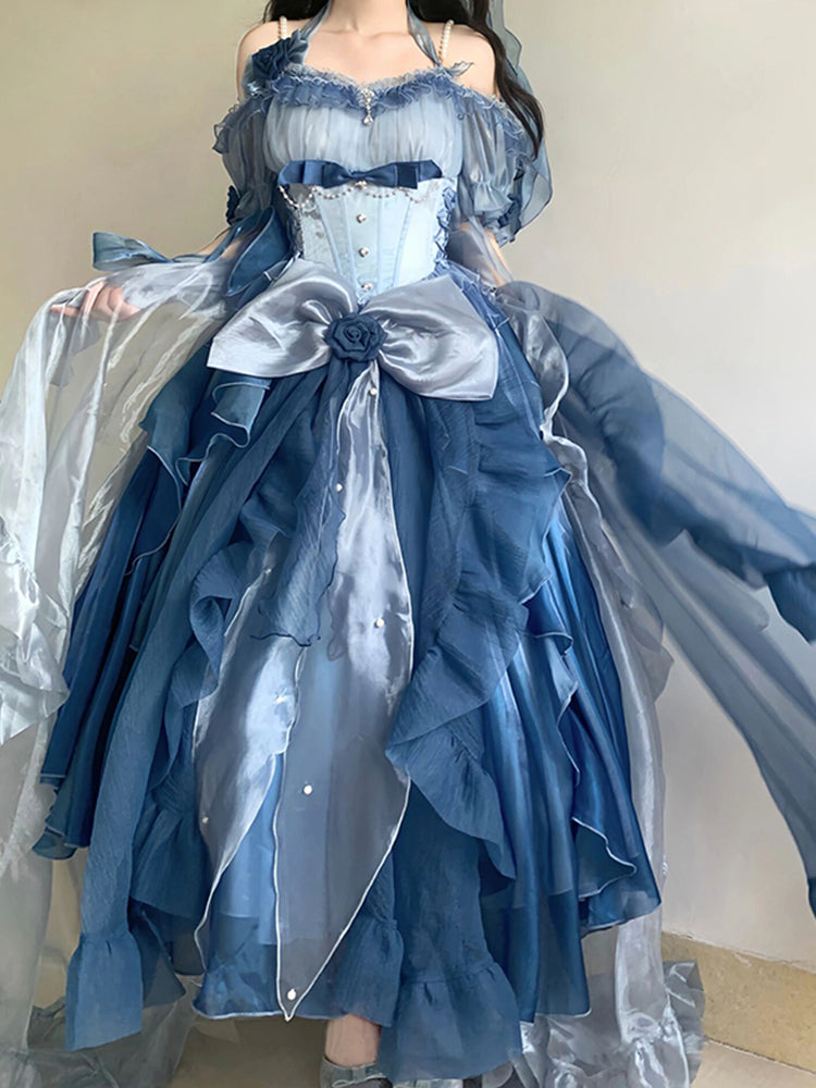 Vestido de fiesta vintage con hombros descubiertos, mangas cortas, azul, de gasa, para cumpleaños número 16, vestido lolita, atuendos para cumpleaños número 18, W1132