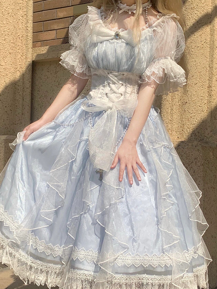 Vestido de tul azul con encaje y mangas cortas para 16 cumpleaños, corte A, estilo lolita, para verano, W1138
