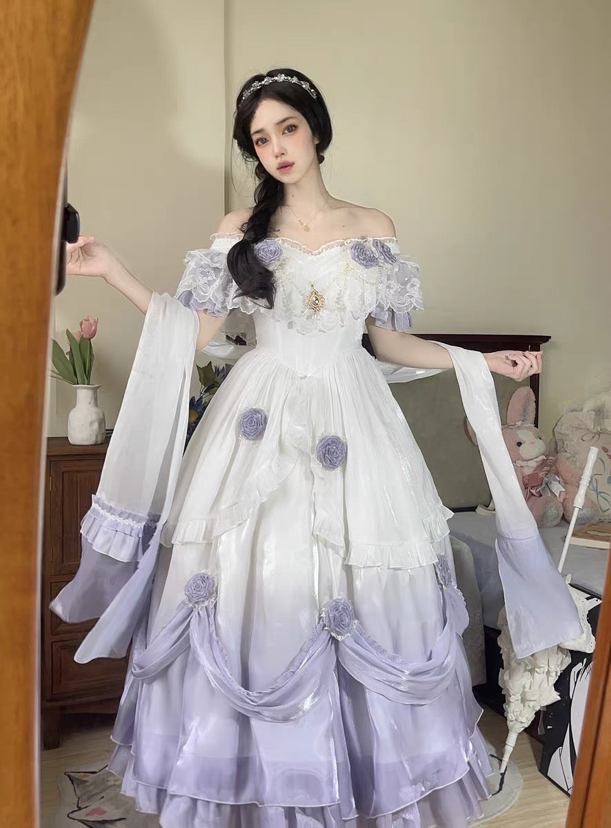 Vestido de fiesta vintage con hombros descubiertos y mangas cortas para 16 cumpleaños, color lila, estilo lolita de verano, para 18 cumpleaños, W1135