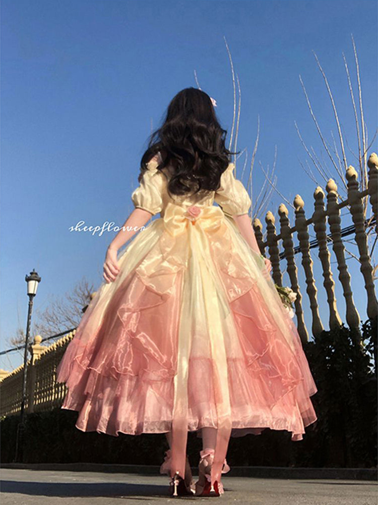 Vestido de fiesta vintage con hombros descubiertos, mangas cortas, para cumpleaños número 16, color rosa degradado, vestido lolita, atuendos de cumpleaños W1136
