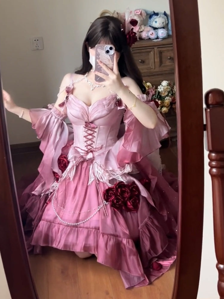 Vestido vintage de fiesta con tirantes finos de gasa para verano, vestido de lolita rosa con degradado, para 18 cumpleaños, DH2415