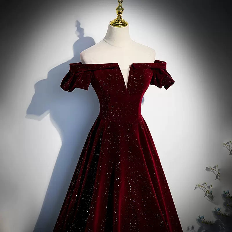 Off The Shoulder Velvet Red Prom Dresses Sexy Evening Dress SH104