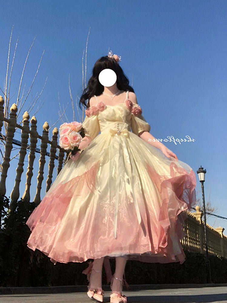 Vestido de fiesta vintage con hombros descubiertos, mangas cortas, para cumpleaños número 16, color rosa degradado, vestido lolita, atuendos de cumpleaños W1136