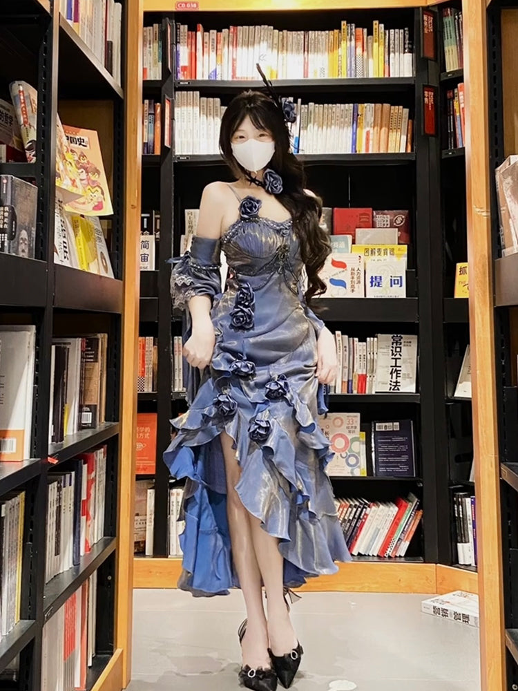 Vestido largo de verano estilo sirena con tirantes finos, estilo lolita, para 18 cumpleaños, estilo vintage, color azul, W1216