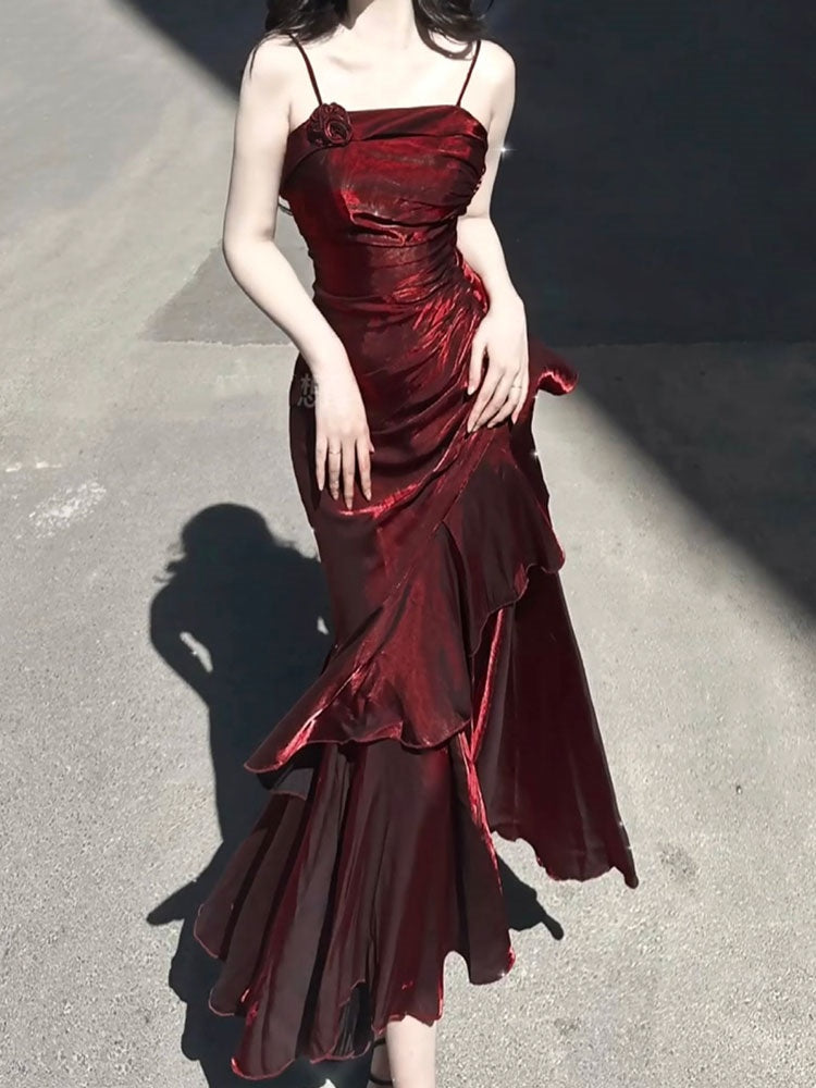 Vestido largo estilo sirena vintage con tirantes finos en color burdeos para 18 cumpleaños, estilo lolita, W1217