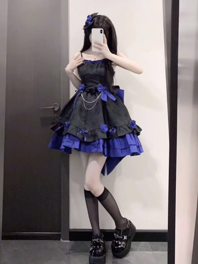 Vestido de fiesta retro con tirantes, corto, azul rey, minivestido floral para 16.º cumpleaños, vestido lolita, atuendos para 18.º cumpleaños W1211