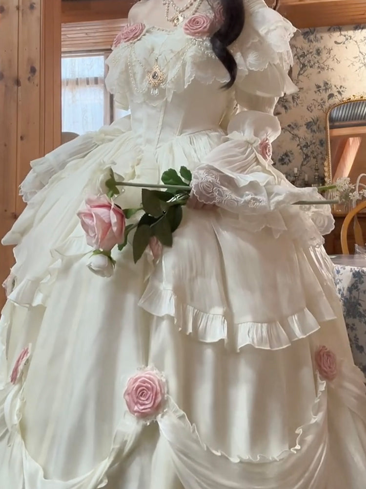 Vestido de fiesta retro con hombros descubiertos, mangas cortas, estampado floral de rosas blancas, de gasa para 16 cumpleaños, vestido lolita, atuendos para 18 cumpleaños W1212