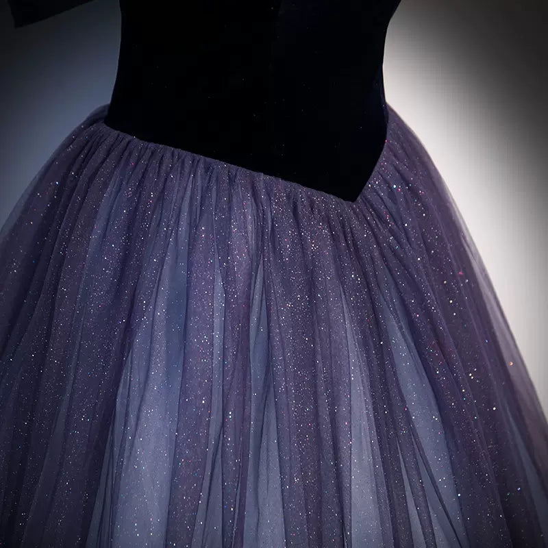 Princess Off The Shoulder Grape Tulle Prom Dresses Sexy Evening Dress SH096