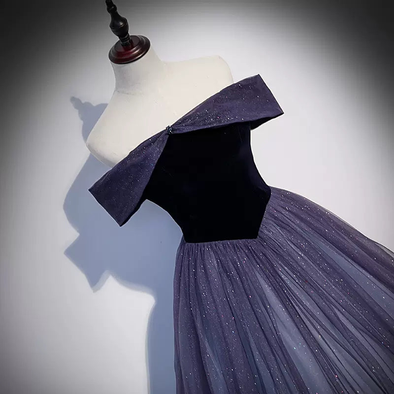 Princess Off The Shoulder Grape Tulle Prom Dresses Sexy Evening Dress SH096