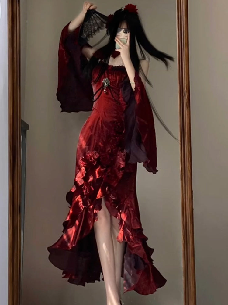 Vestido de cumpleaños estilo lolita, color burdeos, con mangas, para verano, para 18 años, W1007