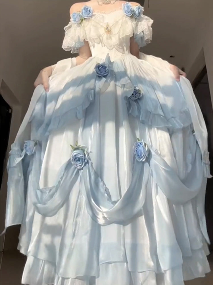 Vestido de fiesta vintage con hombros descubiertos y mangas cortas para 16 cumpleaños, vestido azul de lolita de verano, atuendos para 18 cumpleaños W1134