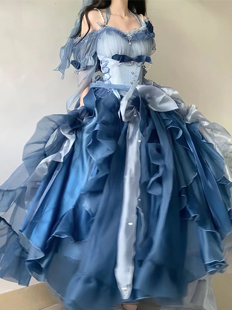 Vestido de fiesta vintage con hombros descubiertos, mangas cortas, azul, de gasa, para cumpleaños número 16, vestido lolita, atuendos para cumpleaños número 18, W1132